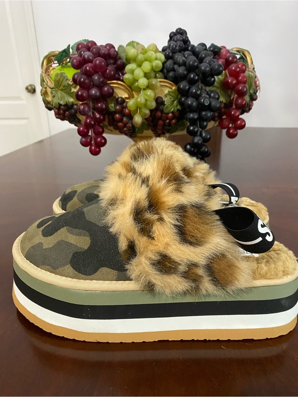 Steve Madden Leopard Faux-Fur Camo Platform Slide Sandals